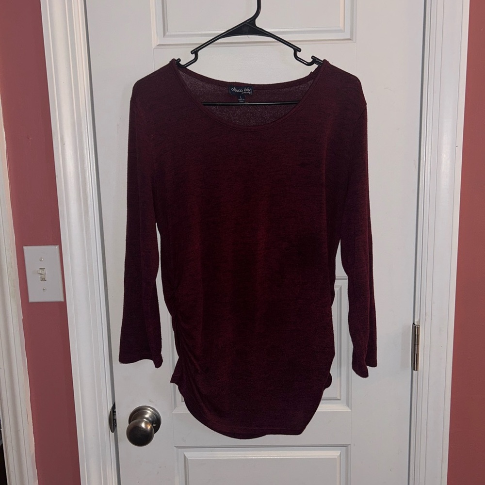 Olivia Blu Maternity Burgundy Ruched 3/4 Sleeve Top L